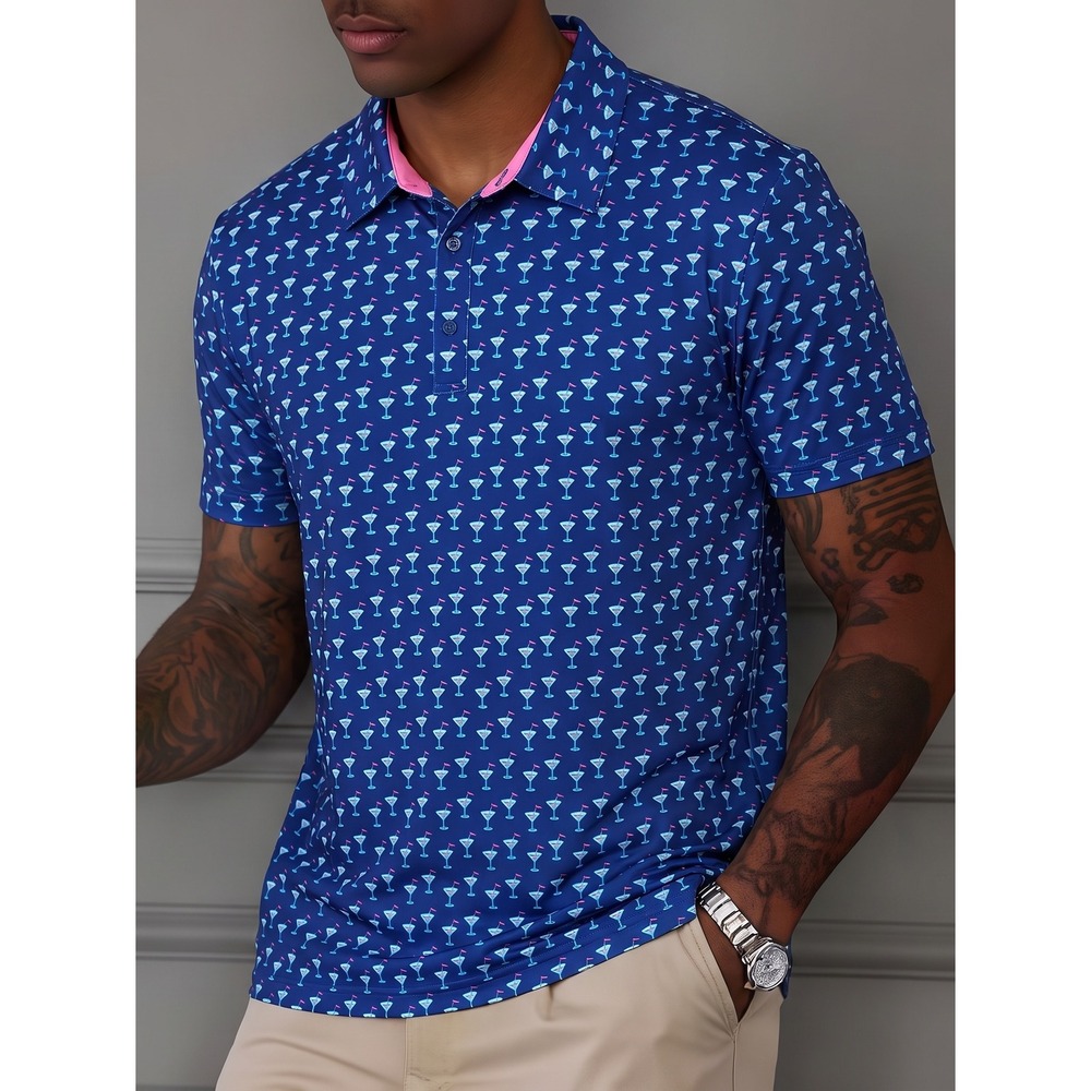 Birdie Bound Polo Shirt Mens 3XL Blue Martini Glass Golf Print UPF 50+ Stretch